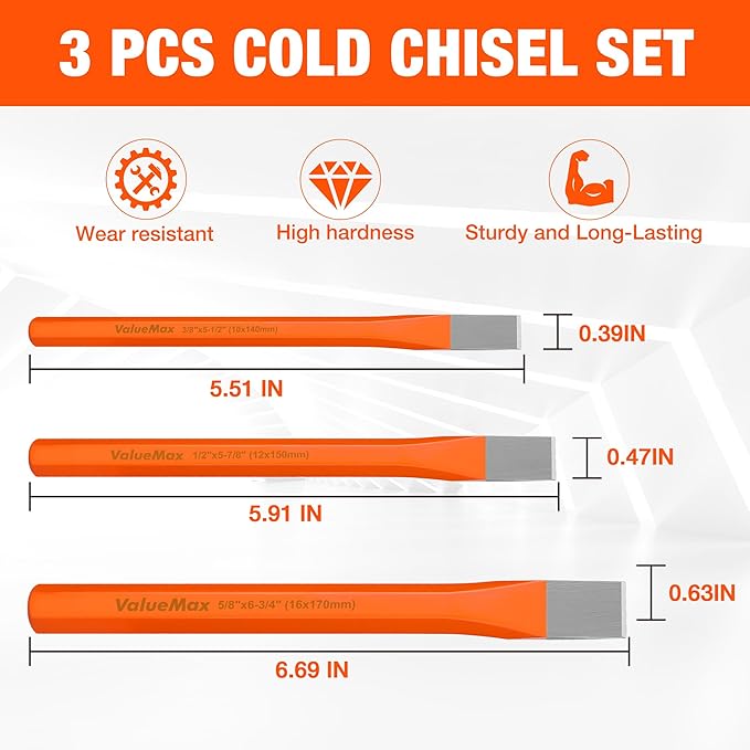 ValueMax 3-Piece Heavy Duty Cold Chisel Set, 3/8-Inch, 1/2-Inch & 5/8-Inch Metal Chisel Set, Premium Cr-V Steel, for Carpentry, Metalwork, Woodwork & Masonry Work