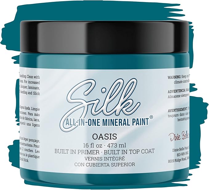 Dixie Belle Silk All-in-One Mineral Paint - Oasis (16oz) - Dark Teal Water Based Built-In Primer + Topcoat for Wood + Metal - Durable Furniture Paint - Low Reflective Finish