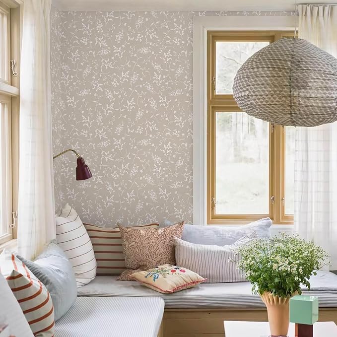 Ismoon Floral Wallpaper Peel and Stick Brown Neutral Contact Paper Wildflowers Leaf Stick on Wall Paper Textured Removable Self Adhesive Vinyl Wallpaper for Bedroom Bahtroom Wall Decor 17.3x78.7in