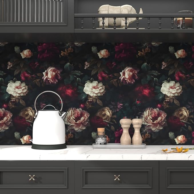 Fvlow Vintage Black Dark Red Floral Peel and Stick Wallpaper 17.4" x 788" | Renter Friendly, Removable & Waterproof, Vinyl Easy Install for Bedrooms, Bathrooms, Kitchens, Cabinets and Home Decor