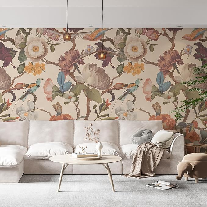 Zeeko Vintage Floral Wallpaper Peel and Stick Large Beige Flower Wall Murals for Bedroom TV Background Wall Paintings Art Deco 98" H x 59" W