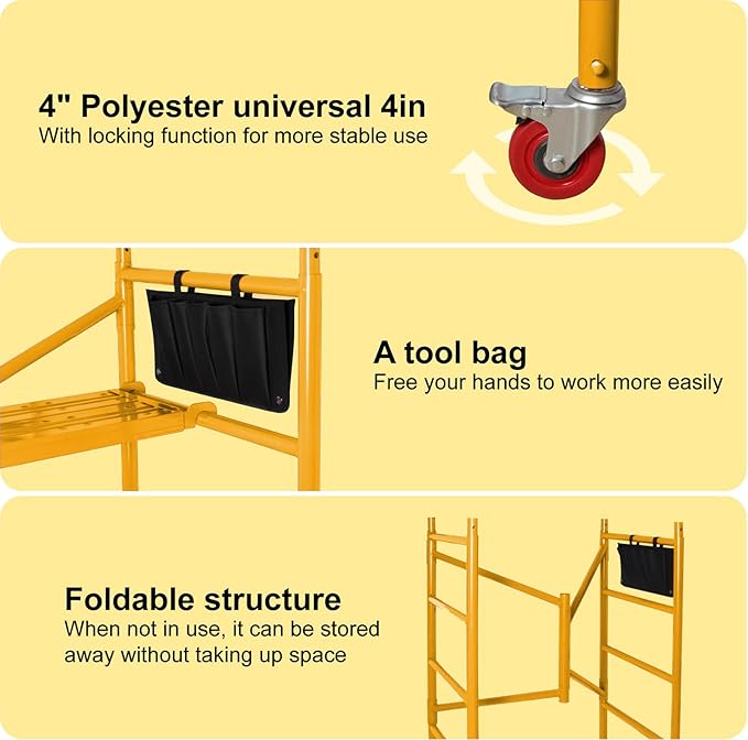 LEADALLWAY Portable Rolling Scaffolding Platform 4 Foot High Mobile Baker Scaffolding 770 LBS Capacity with Locking Wheels and Tool Bag, Yellow