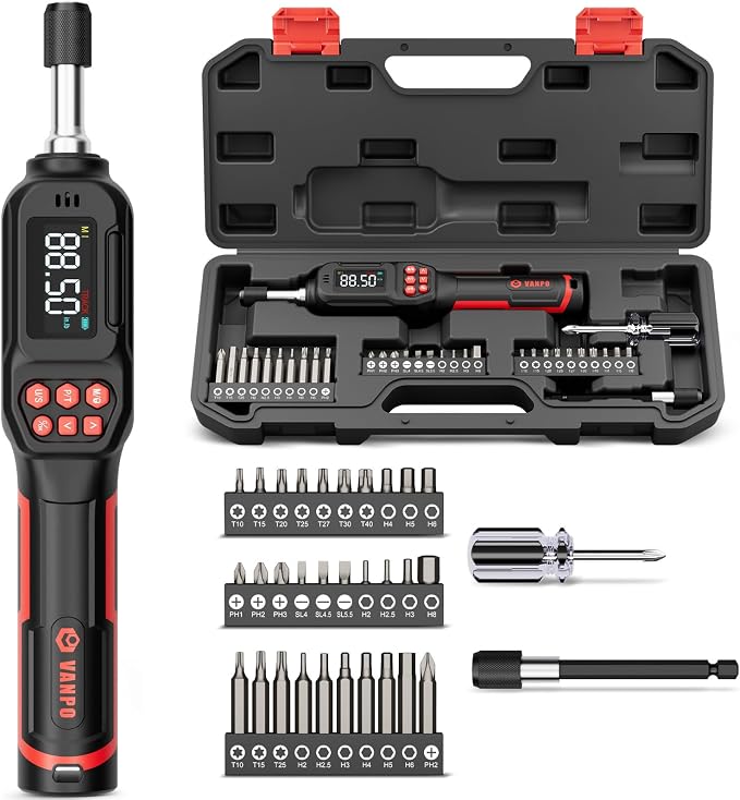 VANPO Digital Torque Screwdriver, 4.42-88.5 in.lb, ±2% Accuracy | 0.5-10 Nm, 1/4" Electrician Torque Screwdriver Set with 31Bits, LCD Display & Audible Buzzer for Bike & Precision Electronics