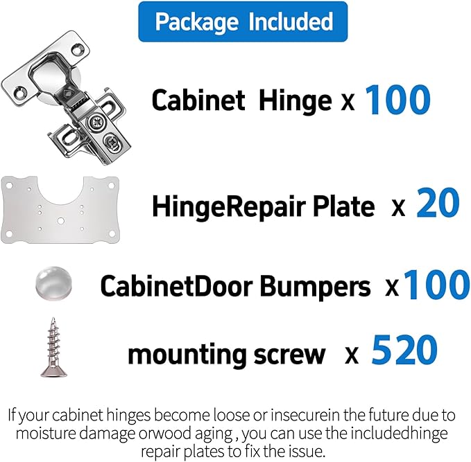 Cabinet Hinges - 100 Pack for 1/2 inch Overlay Cabinet, Face Frame Concealed 105Deg Self Closing Hinges, Stainless Soft Close Cabinet Door Hinges with Mounting Screws and Repair Plate