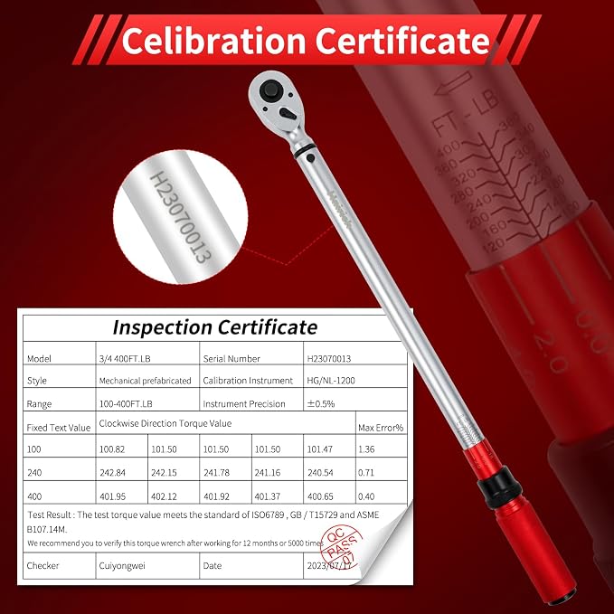 Hairich 3/4-Inch Torque Wrench, Dual-Direction Adjustable 60 tooth 100-400ft.lb/136-542Nm, Professional Torque Wrench, for Maintenance Tool and Product Assembly