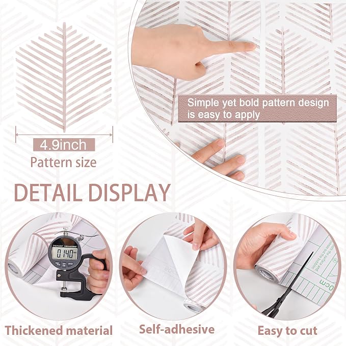 MelunMer Modern Peel and Stick Wallpaper Boho Contact Paper 17.3''×276'' | Pink and White Self Adhesive Removable Wallpaper for Bedroom/Bathroom Waterproof Geometric Contact Paper for Cabinets, Drawer