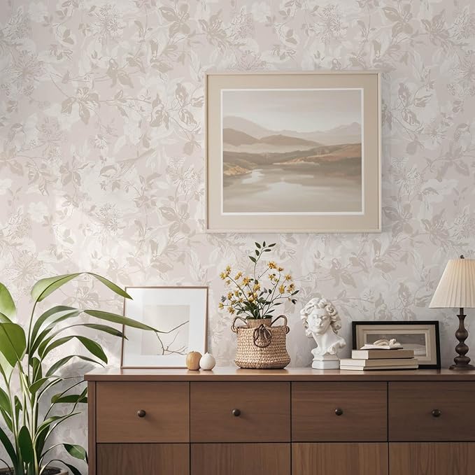 Heroad Beige Brown Wallpaper Floral Wallpaper Peel and Stick Boho Contact Paper Vintage Wall Paper Removable Self-Adhesive for Bedroom Cabinets Decoration Thicken Vinyl 17.3" x 78.7"