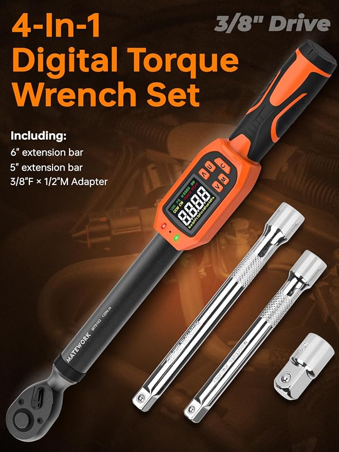 Matework Digital Torque Wrench 3/8" Drive, (5-99.5 Ft.Lb/6.7-135Nm), ±1% Accuracy Electric Torque Wrench Digital with 2 Extension Bars, Buzzer and LED Flash Alert, for Bike/Moto/Auto Repair