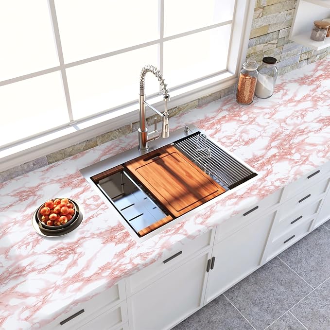 practicalWs White/Pink Marble Contact Paper Granite Peel and Stick Countertops Self-Adhesive Wallpaper Cabinets Drawer Shelf Wall Crafts Wall Paper Decorations 17.7 in x 196.8 in