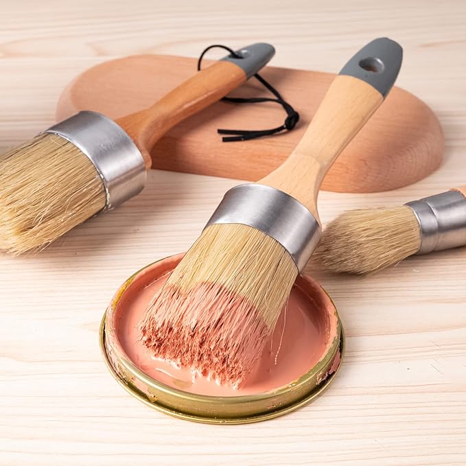 Mister Rui Chalk Wax Paint Brush 3 pcs, Large Wax Brush, Brushes for Furniture, Acrylic Paint, Milk Paint, Natural Bristles, 1 Small Round Brush and 2 Large Oval Brushes