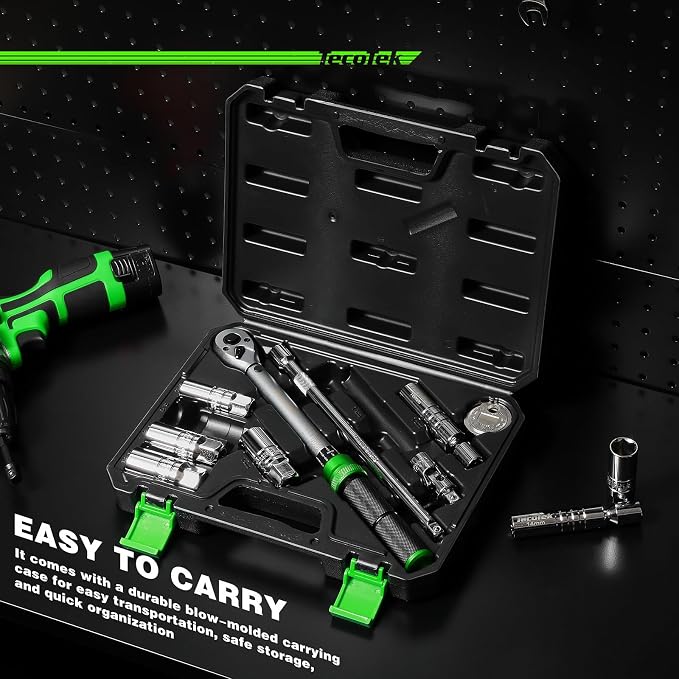 TecoTek 11Pcs 3/8" Drive Spark Plug Socket Set with Click Torque Wrench, Spark Plug Gapper, Universal Joint, Extension Bar, 9/16", 5/8", 3/4", 13/16", 14, 16 and 18mm, CR-V Sockets with Rubber Rings