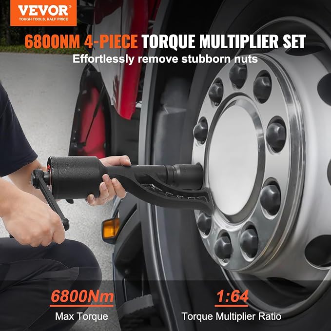 VEVOR Torque Multiplier, 1 Inch Drive Lug Nut Wrench/Multiplier Heavy Duty Torque Multiplier Wrench Set, 1:64 6,800N.m Lug Nut Remover, Includes 4 Sockets (21-41mm) and Storage Case