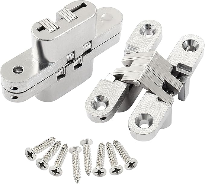 60 mm Hidden Hinge, Stainless Steel 180 Degree Invisible Cross Hinges for Kitchen Cabinet Door, Frameless Concealed Hinge with Screws, 2pcs