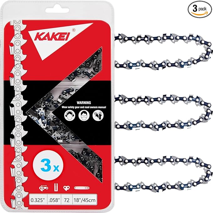 KAKEI 18 Inch Chainsaw Chain .325" Pitch .058" Gauge 72 Drive Links Fits Husqvarna 555, 562XP, 365, 565, 372XP, 572XP, 390XP, 395 XP (3 Chains) - Semi Chisel