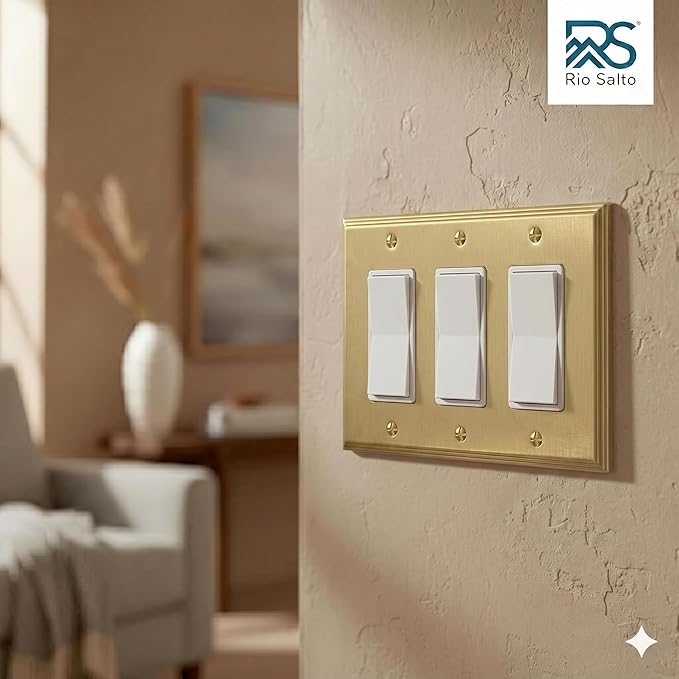 Rio Salto BRASS Rocker Light Switch Cover Plate 3 Gang Decorator Paddle GFCI Triple Switch Plate Brushed Gold Metal Outlet Covers Decorative Wall Plates — Deco Collection, Standard Size, 4.50" X 6.33"