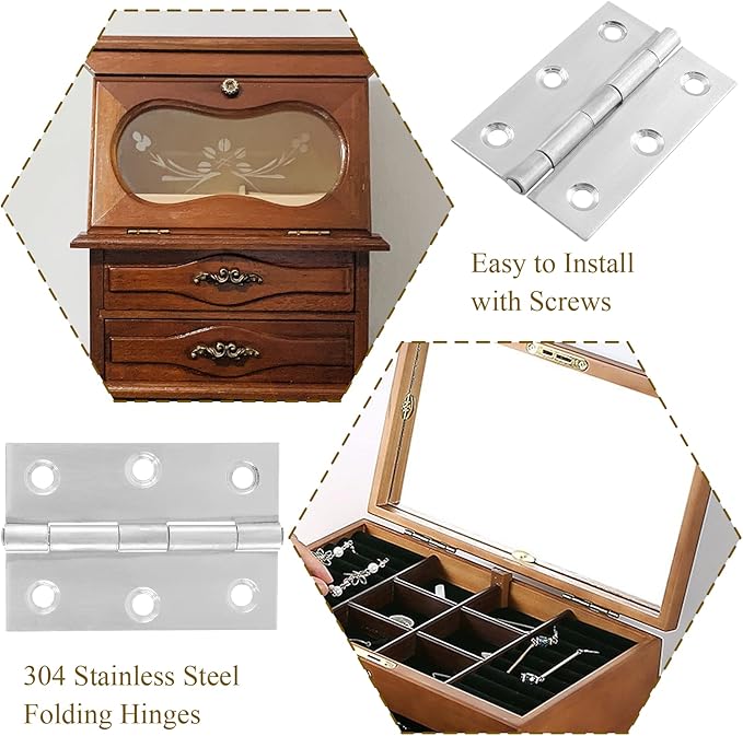 12pcs 2.5 Inch Butt Hinges, Stainless Steel Cabinet Hinges, Small Door Hinges Window Hinge, Folding Box Hinges for Jewelry, Wooden, Chest Box (Chrome)