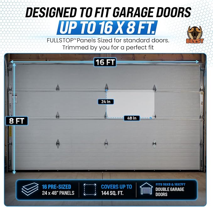 BEEST FULLSTOP Platinum Garage Door Insulation Kit - 16x8 & 16x7 ft Double Garage Door Insulation Panels w/ Threshold Seal, 16 Pre-Cut 24x48”, Window Films, Entry Draft Stoppers and Top & Side Seals