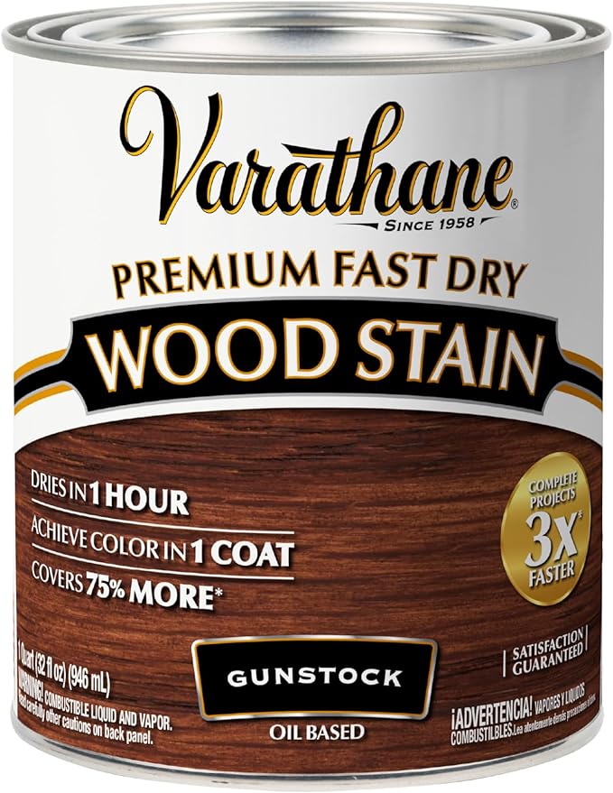 Varathane Premium Fast Dry Wood Stain | 1 Hour Dry Time | 1 Coat Color | Interior Wood Stain | Furniture, Cabinets, Doors, Trim | Quart | Gunstock