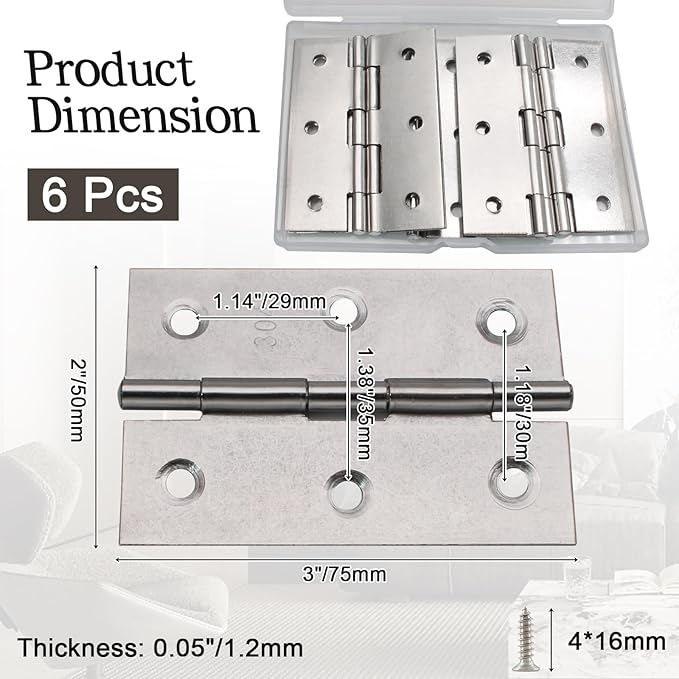 Luomorgo 6 Pack 3 Inch Mini Hinges Butt Hinges, Stainless Steel Cabinet Hinge, Small Folding Door Hinge for Wooden Box, Crafts (Silver)