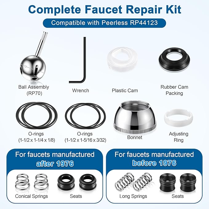 Faucet Repair Kit, Compatible with Delta/Peerless RP44123, Compatible with Delta 600 Series Shower Valve, Ball, Seats, Springs, Cam, Cap, Adjusting Ring and Bonnet