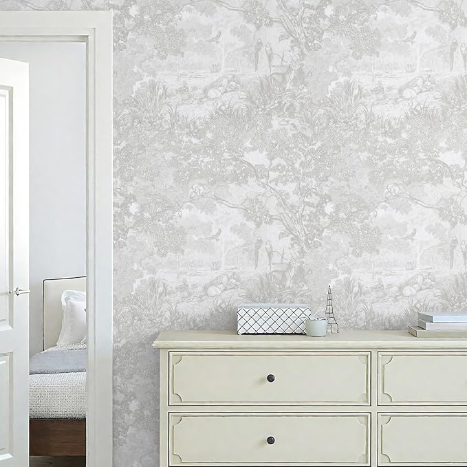 Ismoon Gray Peel and Stick Wallpaper Neutral Wall Paper 17.3in×6.56ft Vintage Removable Self-Adhesive Wallpaper Animals Jungle Contact Paper for Cabinets Bathroom Walls Covering Vinyl Roll