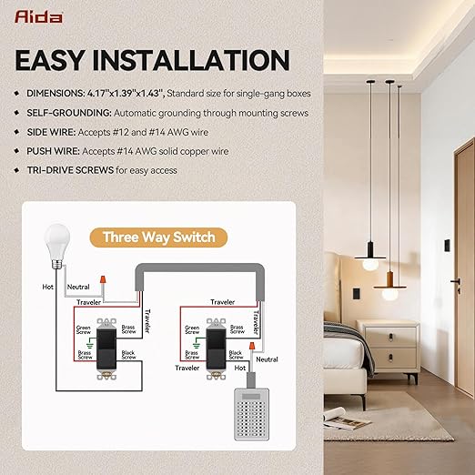AIDA 1 Pack 3 Way Rocker Decora Light Switch, 15 Amp Self-grounding Electrical Light Switches, Residential Grade, UL Listed, Glossy Black