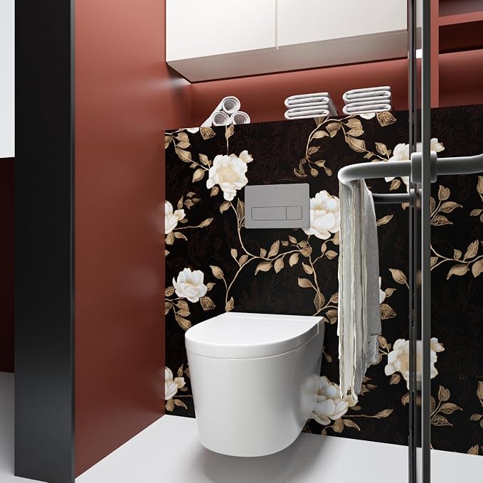 Laatse Black Golden Floral Peel and Stick Wallpaper Flowers Contact Paper 17.5" x 393" Self Adhesive Waterproof Vintage Dark Floral Wall Paper for Shelf Liner Cabinet Decor