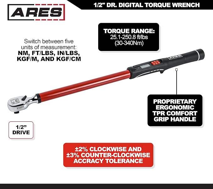 ARES 43001 1/2-Inch Drive Digital Torque Wrench | 25.1-250.8 ft-lb (30-340 Nm) Electronic Reversible Ratchet, Audio/Visual Multi-Alert, ±2% Accuracy