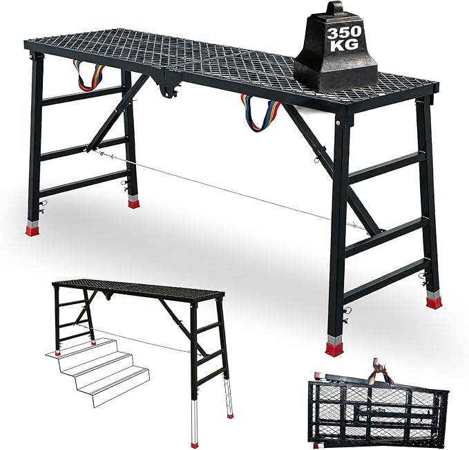 Foldable Scaffolding Platform, Height Adjustment 70.9x15.7x35.4-57 in Portable Welded Steel Work Platform, 770 lbs Capacity, Industrial Step Ladders Ideal for Home Improvement, Wiring and Painting