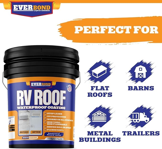 Everbond Liquid Rubber RV Roof Coating - Roof Sealant for Camper Roofs, Trailers, Motorhomes, and Metal Buildings - Roof Cooling White 4.75 Gallon - Made in USA