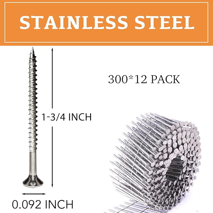 Stainless Steel 3600 Count Siding Nails, 15-Degree 1-3/4 Inch *.092 Wire Collated Coil Ring Shank Nails, Full Round Head Hot-Dipped Galvanized Siding Nailer Attachment Replacement Parts