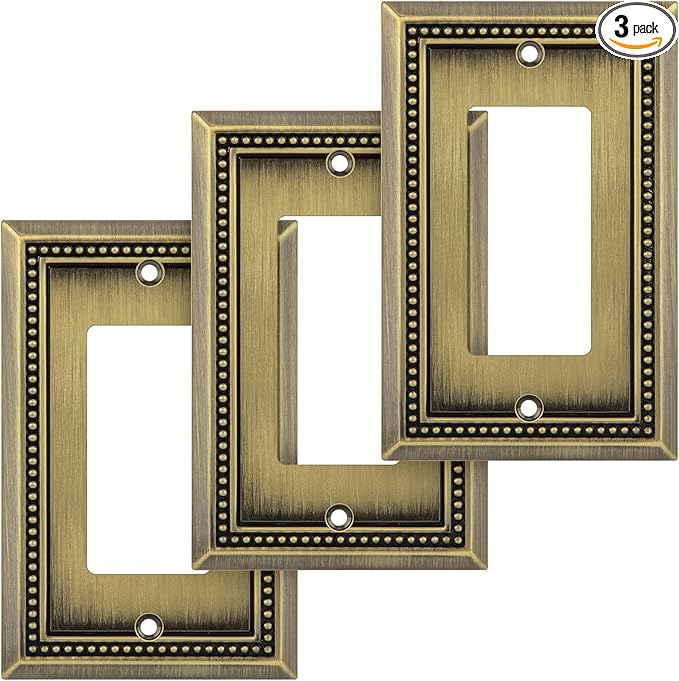 Henne Bery Sunken Pearls Heavy Duty Decorative Wall Plate Switch Plate Outlet Cover (Single Decorator, 3 Pack, Antique Brass)