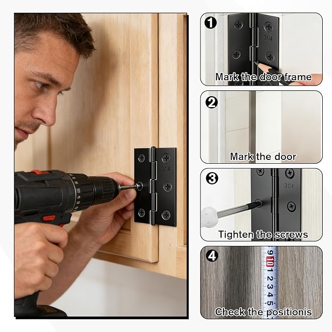 JJUNW 6 Pcs 3 Inch Black Door Hinges, Stainless Steel Folding Butt Hinge with 36 Screws, Cabinet Hinges Small Hinge Hardware for Door, Furnitures, Cabinet,Cupboard, Dressers