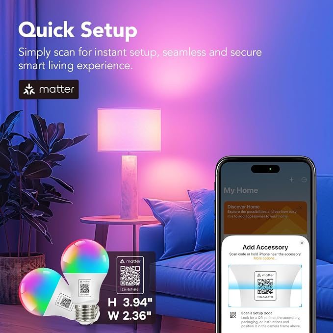 OREiN Matter Smart Light Bulb, A19 RGBTW Color Changing, 4 Pack with Remote | 800lm 60W Equivalent Alexa Light Bulbs Work with Alexa/Apple Home/ Google Home/SmartThings，E26 Base 2.4Ghz WiFi led Bulbs