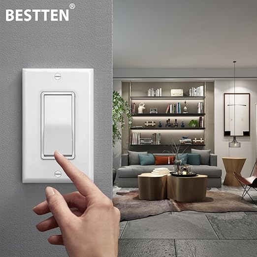 BESTTEN 10 Pack 4-Way Decorator Wall Light Switch with Wall Plate, 15A 120/277V, On/Off Paddle Rocker Interrupter, Self-Grounding, UL Listed, White