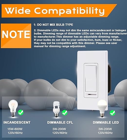 [10 Pack] Cloudy Bay 3-Way/Single Pole Dimmer Electrical Light Switch for 150W LED/CFL, 600W Incandescent/Halogen,Wall Plate Included,Pack of 10