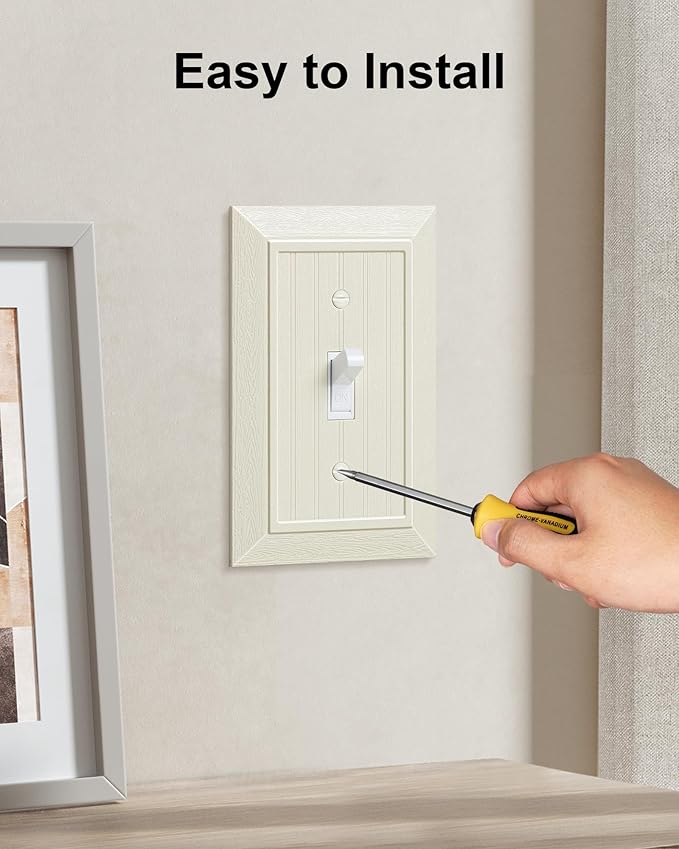 6-Pack Classic Beadboard Single Toggle Light Switch Cover Plate, Unbreakable Polycarbonate Decorative Switch Plate Covers, Light Almond 1 Gang Wall Plate