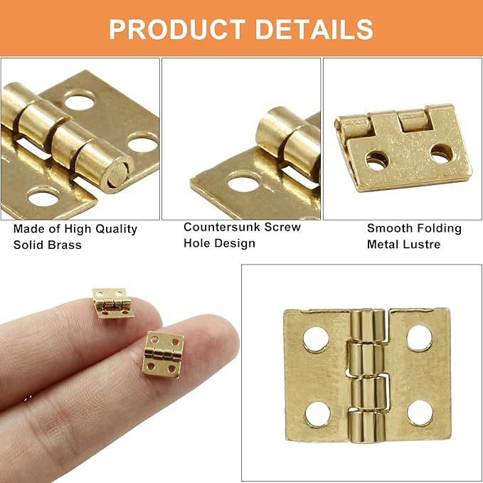 100Pcs Small Gold Hinge,0.31"x0.39" Mini Hinges,Brass Butt Hinge,Tiny Hinges for Mini Cabinet Jewelry Wooden Box,Doll House DIY Hinges with Mounting Screws