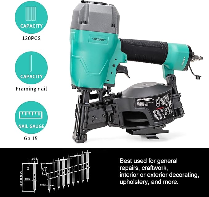 DOTOOL Roofing Nailer CN45C 15 Degree 3/4-Inch to 1-3/4-Inch Roofing Nail Gun Pneumatic Coil Nailer 120 pcs Load Capacity