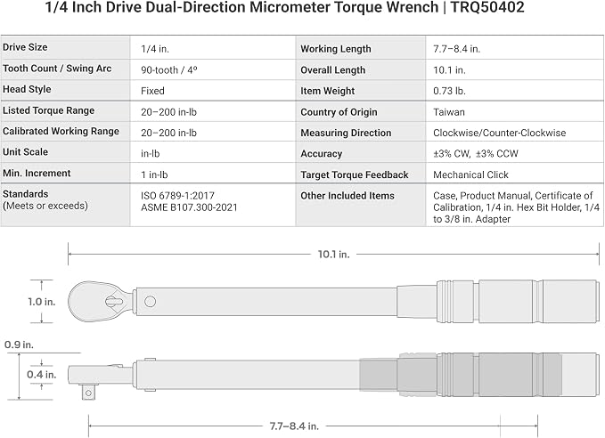 TEKTON 1/4 Inch Drive Micrometer Torque Wrench | TRQ50402