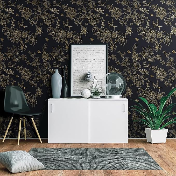 Froluya Black and Gold Wallpaper Peel and Stick Wallpaper 17.7"x393.7" Vintage Floral Boho Peel and Stick Wall Paper Dark Removable Self Adhesive Contact Paper for Bedroom Cabinets Shelf Liner Vinyl