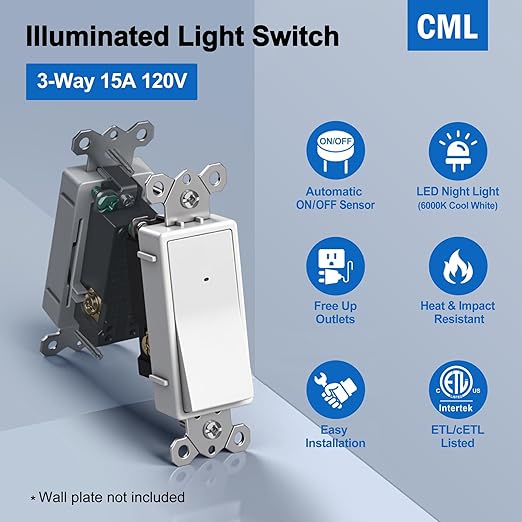 CML 3-Way Illuminated Light Switch, Decorator Rocker Wall Switch with LED Guide Night Light, 15A 120V Paddle Interrupter with Automatic On/Off Sensor, ETL Listed, White, 5 Pack