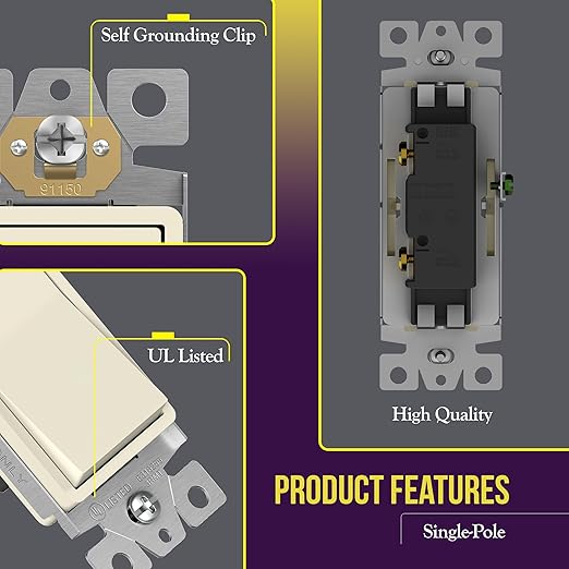 ENERLITES Decorator Paddle Rocker Light Switch, Gloss Finish, Single Pole, 3 Wire, Grounding Screw, Residential Grade,15A 120V/277V, UL Listed, 91150-LA-10PCS, Light Almond (10 Pack)