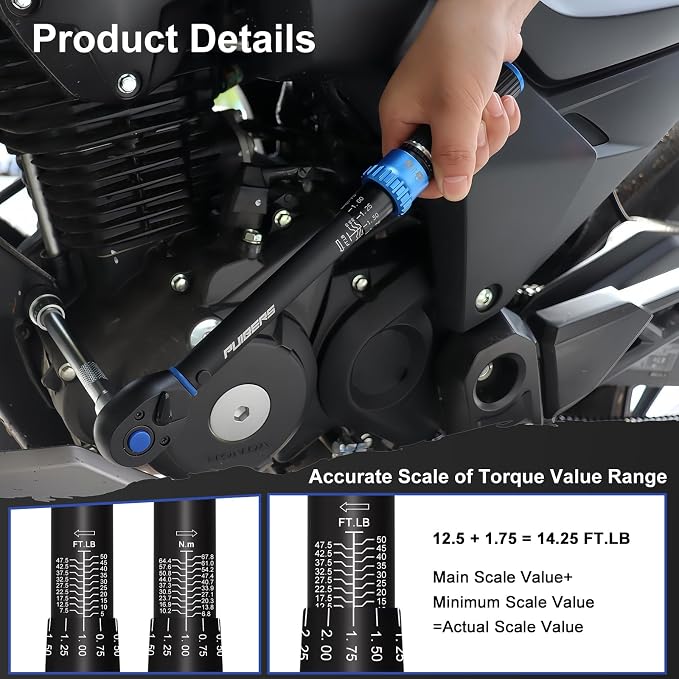 5PCS Torque Wrench Set 3/8" Drive 5-50 FT.LB, Dual-Direction 72-Tooth Adjustable Torque Wrenches with 6" Extension Bar, 3/8" to 1/2" & 1/4" Adapters for Car, Motorcycle,Bike Maintenance