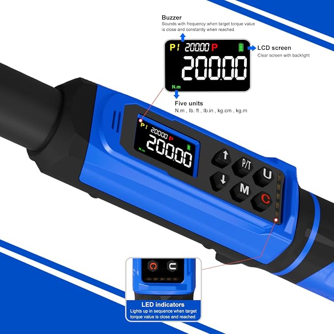 1/2" Digital Torque Wrench 2.2-147.5 Ft.lb/ 3-200 Nm， Digital Electronic Torque Wrench ±1% Accuracy, 5 Units LCD Screen with Buzzer & LED Alarm for Cars,Motorcycles,Bicycle