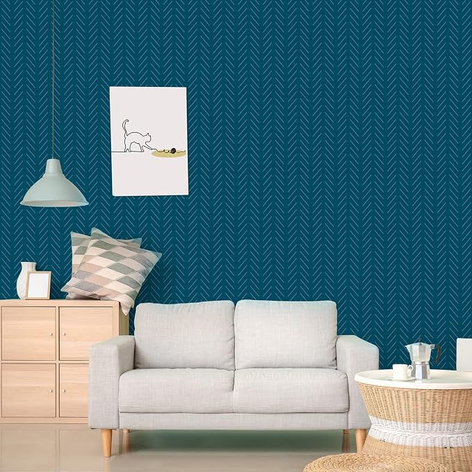 Erfoni Blue Peel and Stick Wallpaper Modern Herringbone Contact Paper | 17.7inch x 236.2inch Geometric Removable Wallpaper Peel and Stick Line Self Adhesive Contact Paper for Bathroom Decor