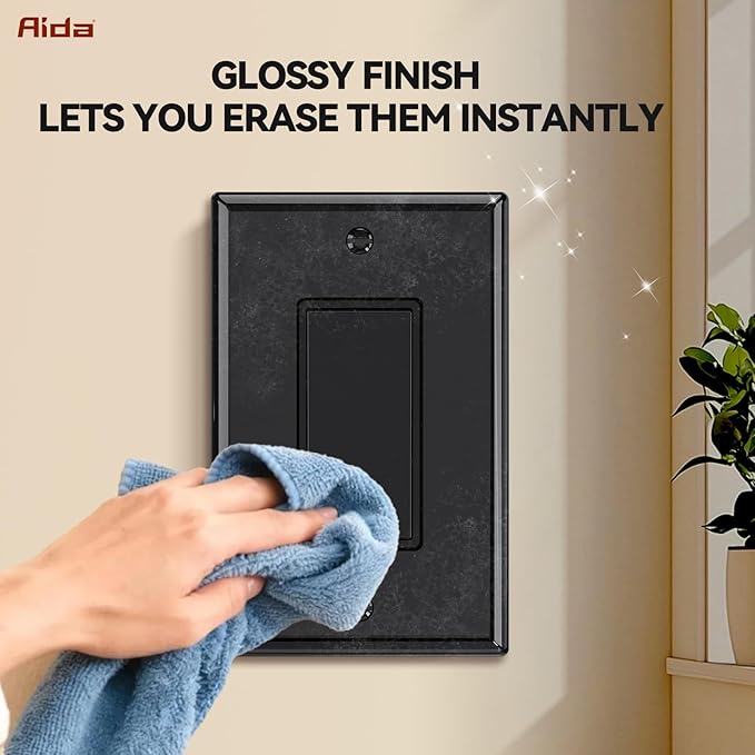 AIDA 1-Gang Midsize Light Switch Cover Plate, Decorative Outlet Covers - Glossy Black, 4-Pack Unbreakable Polycarbonate Wall Plates for Decorator Device, UL Listed, 4.88" H x 3.13" L