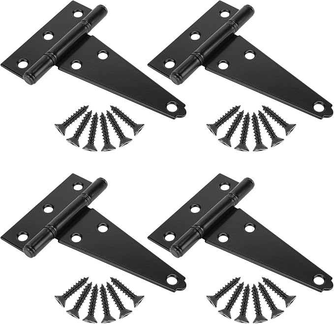 4 Inch T-Strap Shed Door Hinges Heavy Duty, Black Tee Gate Hinges for Wooden Fences, Yard Door, Barn Door Gates, Wrought Hardware Rustproof, 4Pack