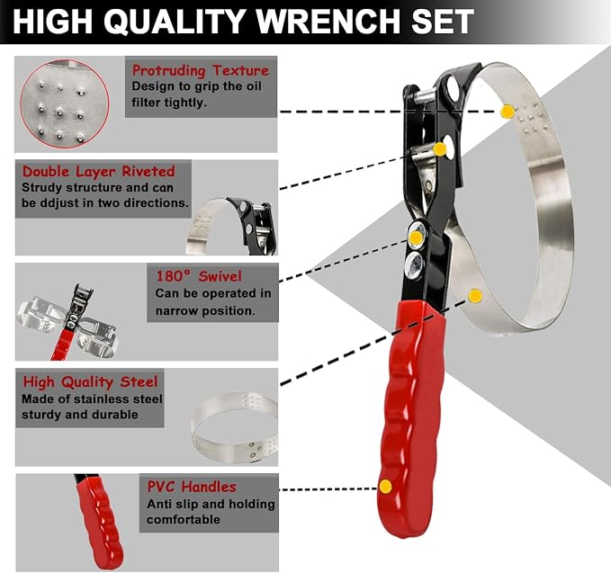 Oil Filter Wrench Set, Oil Filter Pliers with Small Funnel, 10 Pcs | Universal Oil Filter Removal Tool, 9" & 12" Oil Filter Pliers, Adjustable 3-Jaw Oil Filter Wrench, Small Snap-On Oil Funnel