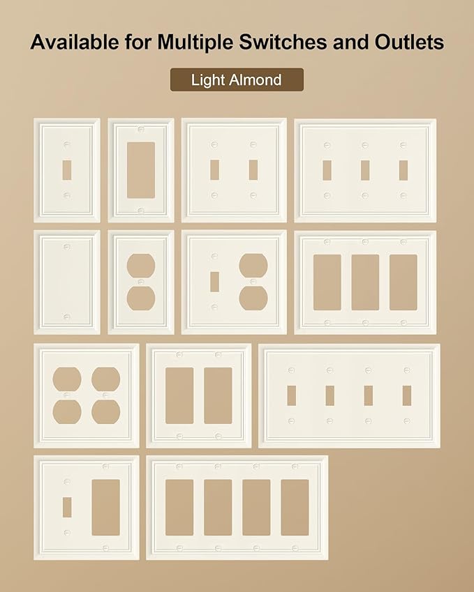 2-Pack Double Duplex Outlet Cover, Light Almond Decorative Switch Plates and Outlet Covers for Electrical Outlets, Durable Natural Bamboo Fiber Wall Plates, 2 Gang Receptacle Cover